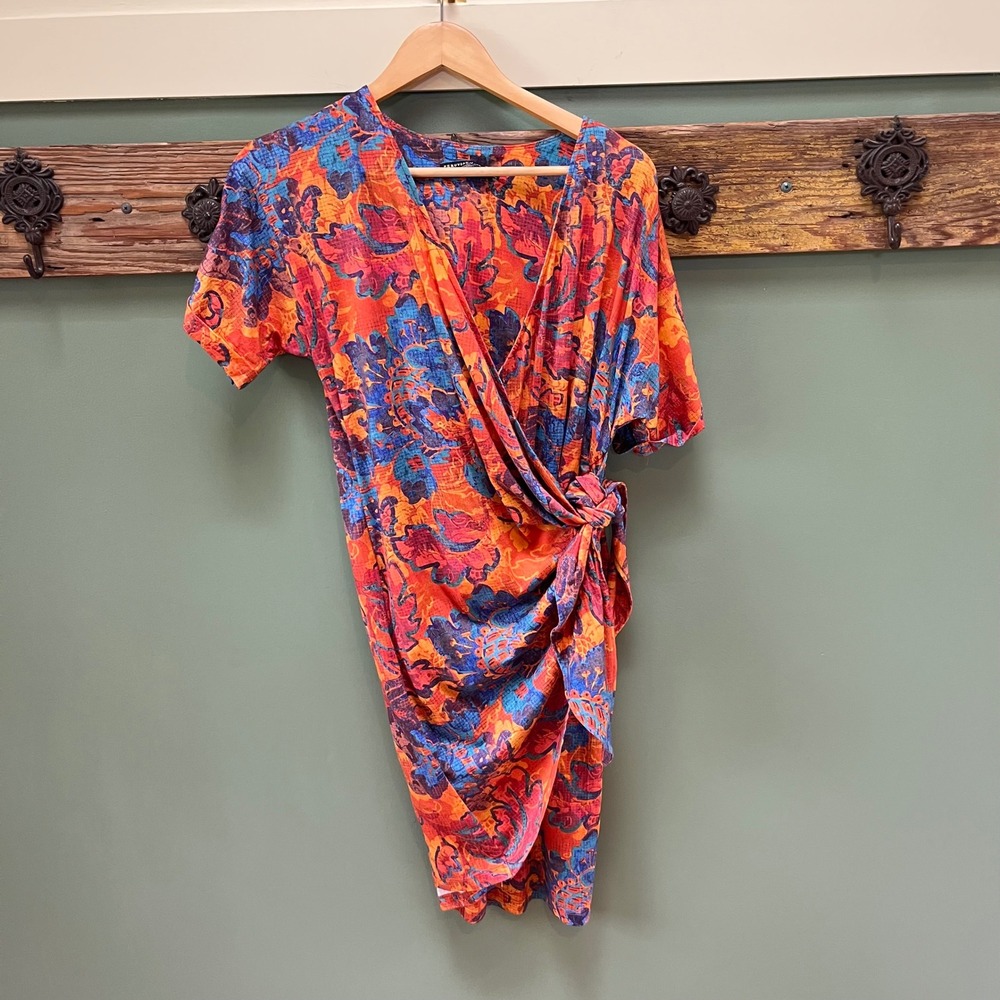 Peruvian Connection Orange Blue Floral Wrap Dress Short Sleeve Modal Cotton S